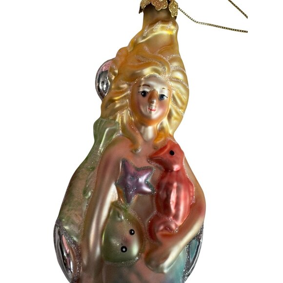 Title:  Mermaid With Seahorse & Starfish Iridescent Blown Glass Ornament 6½" - Picture 3 of 5